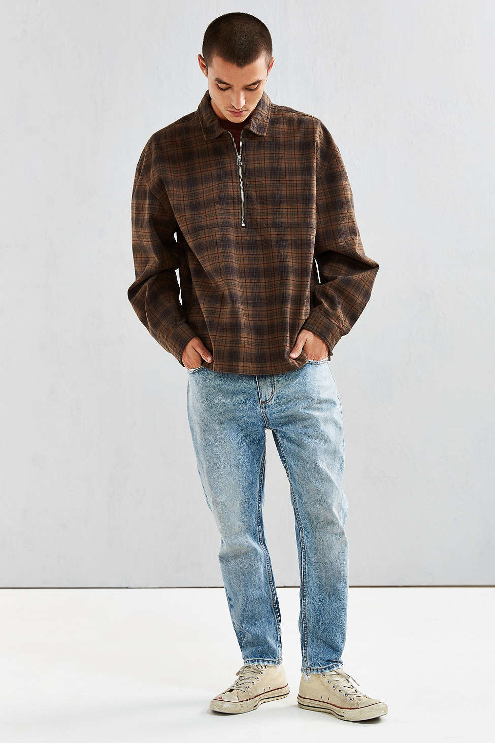 Urban Outfitters Uo 1 4 zip Plaid Flannel Over Shirt in Brown for